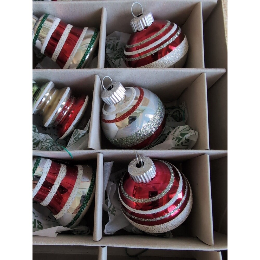Shiny Brite Glitter/Mica Stripe Christmas Ornaments Bell Ball UFO Atomic Set 12 - Picture 6 of 7
